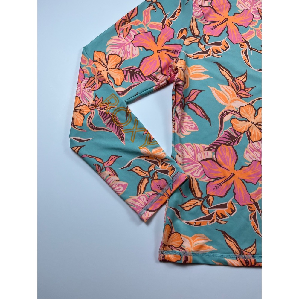 Roxy Womens Long Sleeve Rash Guard Teal Orange Pink Hibiscus Floral Swim Top M - Picture 11 of 12